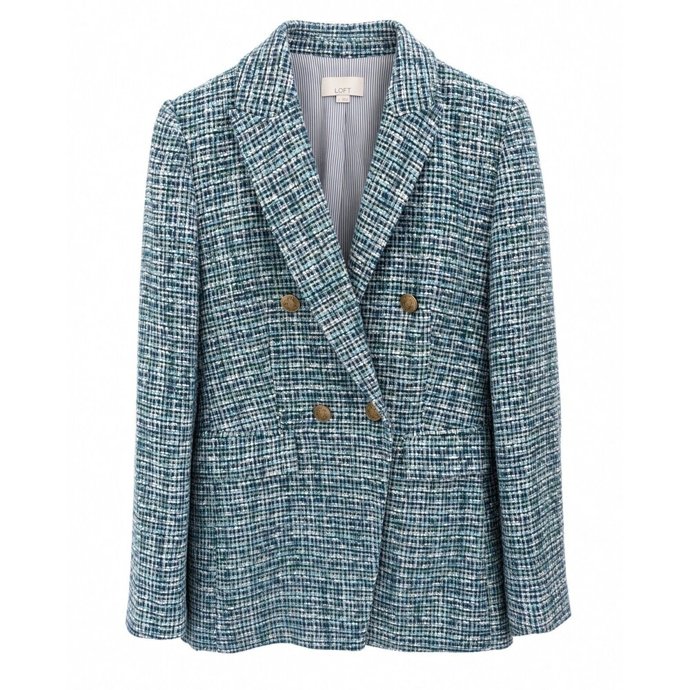 NWOT LOFT Boucle Double Breasted Suit Jacket Blazer Women's 4 Blue Green Tweed